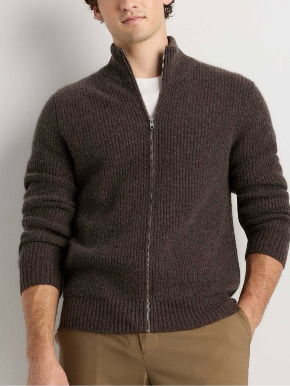 Quince Mens Mongolian Cashmere Fisherman Full Zip Cardigan Sweater Sz Med Brown